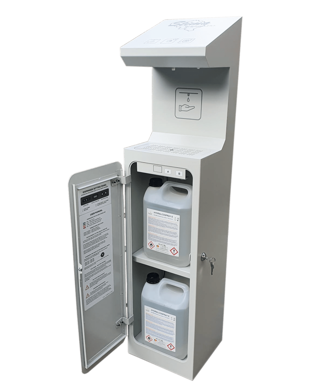 Hygienic Tower Automatic – Distributeur de gel hydroalcolique. • Capacité 5l + 5l • Réservoir anti-gouttes de 2l intégré • Eco-Mode • Fonctionne sur secteur ou sur batterie • Réglage de la quantité de liquide